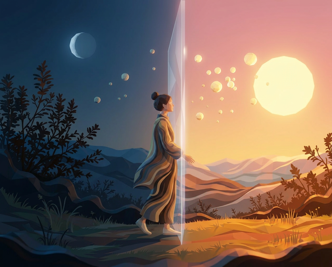 Une personne au seuil entre la nuit et le jour — métaphore de la traversée du changement